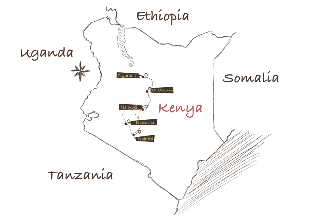 map 13 days hiking and safari tour Central and North Kenya